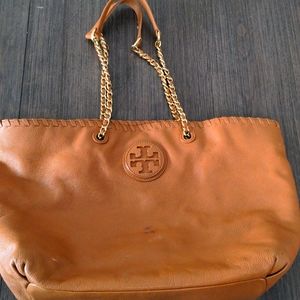 Tory Burch large brown leather tote.